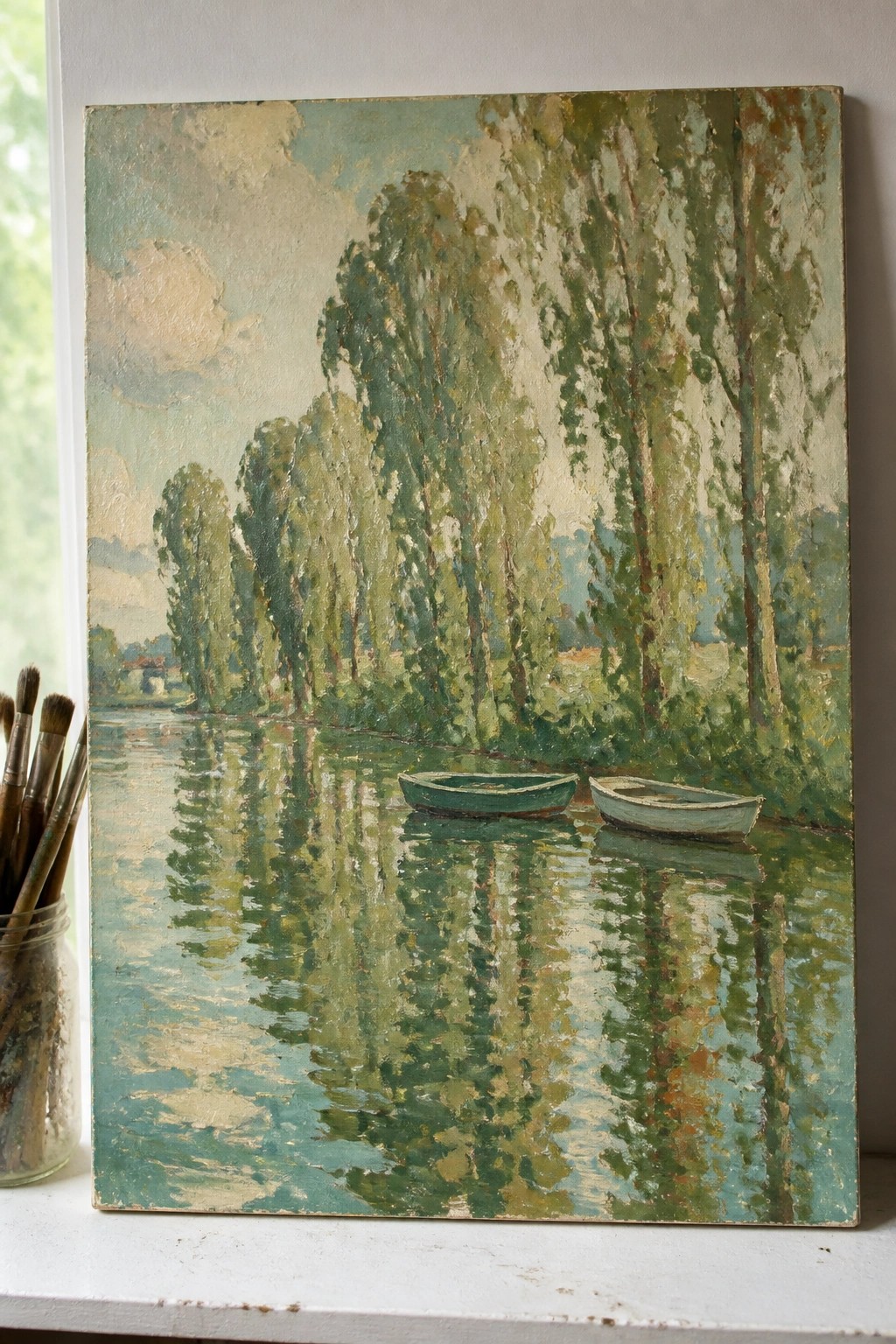 Impressionistic painting of two boats on a reflective river amid tall green trees