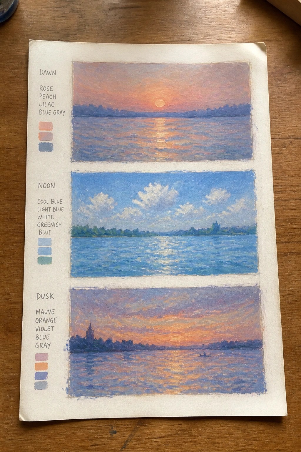 Three stacked oil paintings of the same river landscape shown at dawn, noon, and dusk with color swatches listed on the left side of each panel.
