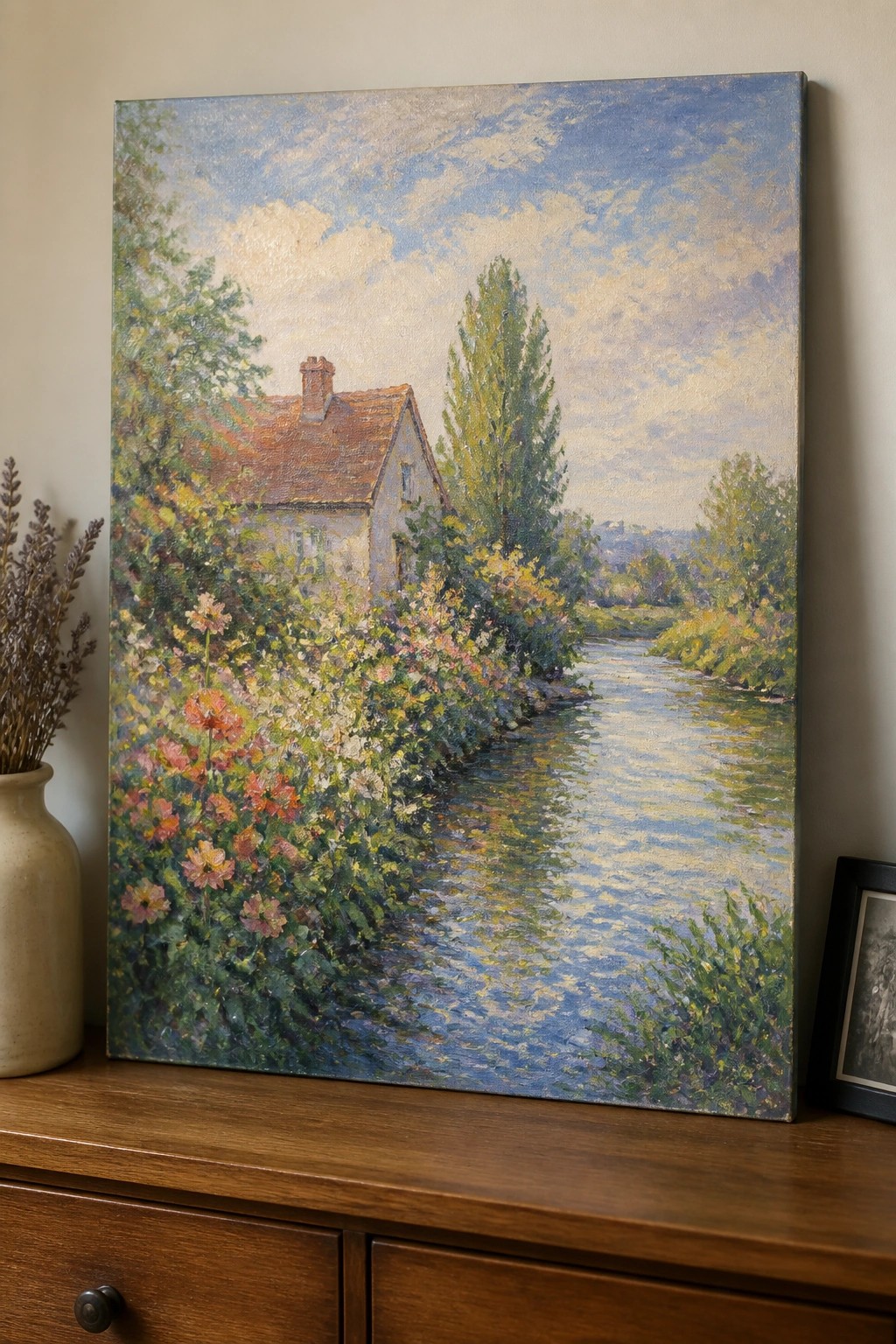 Impressionist painting of riverside house with colorful flowers on wooden dresser