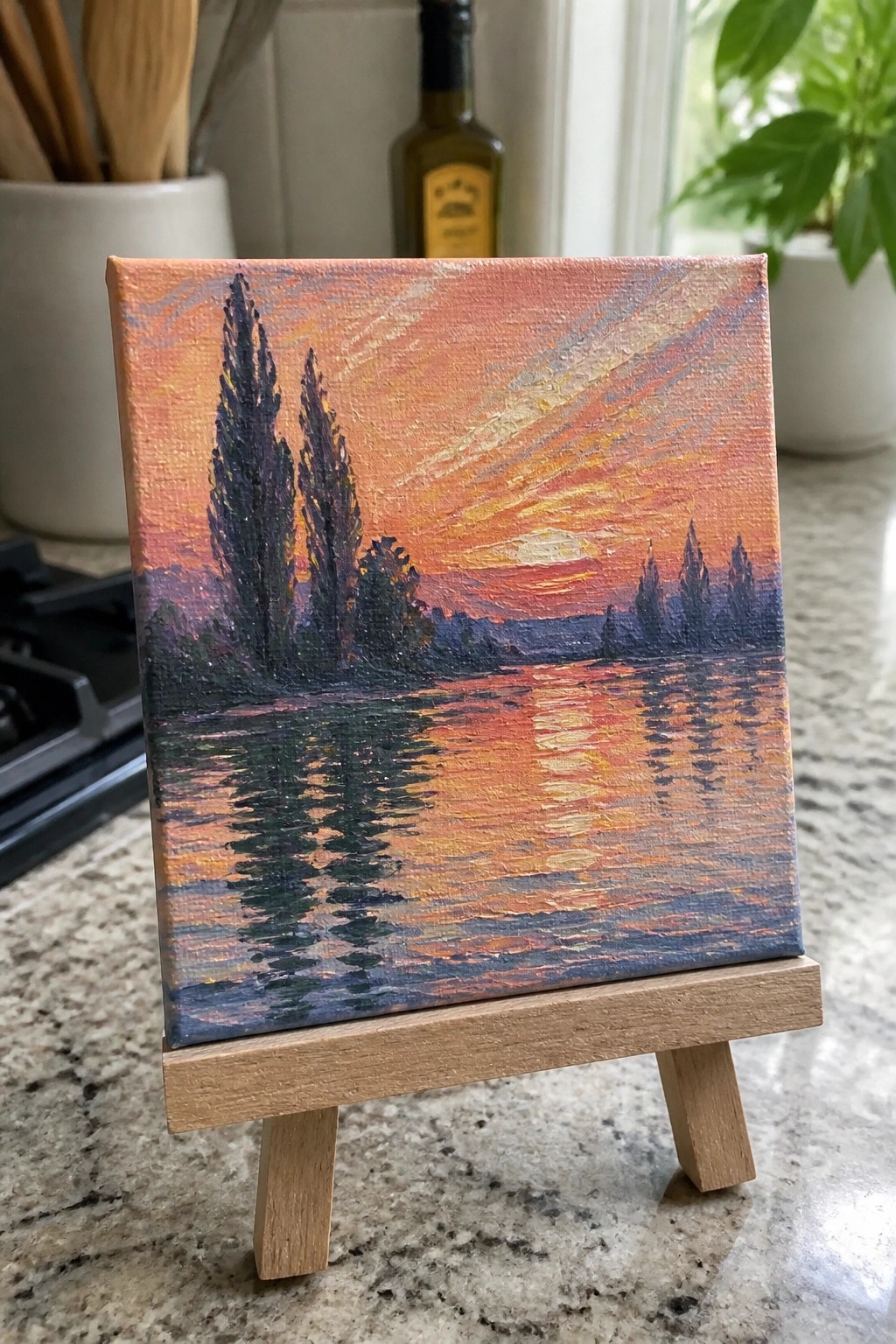 Miniature sunset painting with orange sky and water reflections on wooden easel.