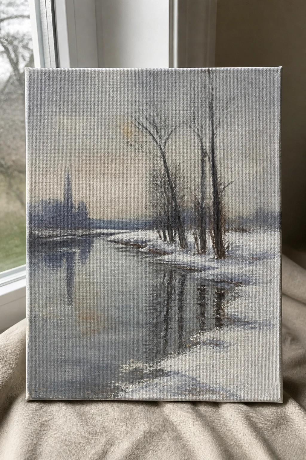 Canvas painting of misty winter river with bare trees, snow, and distant church spire